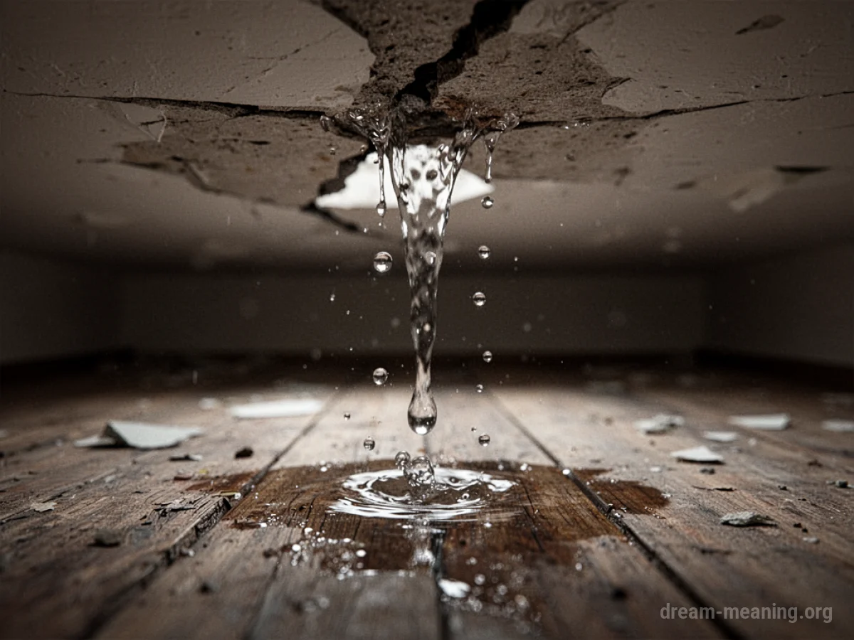 Water drips from a crack in a white ceiling onto a wooden floor.