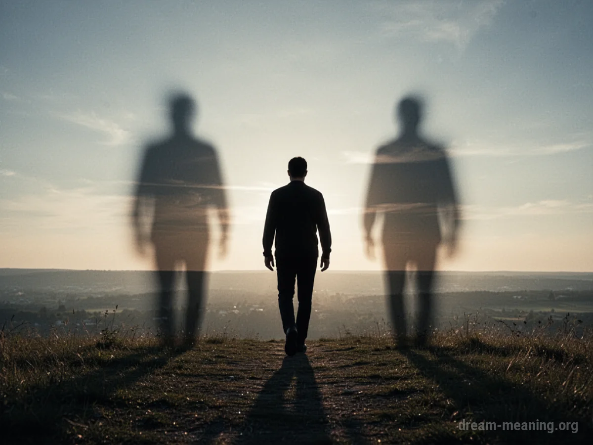 A silhouette walking away from a shadowy figure towards a bright horizon.