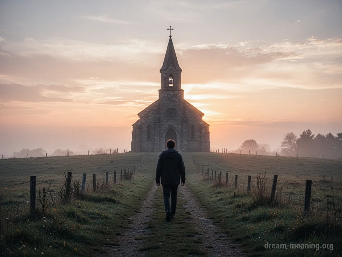Silhouette of a person walking away from a church towards a sunrise.