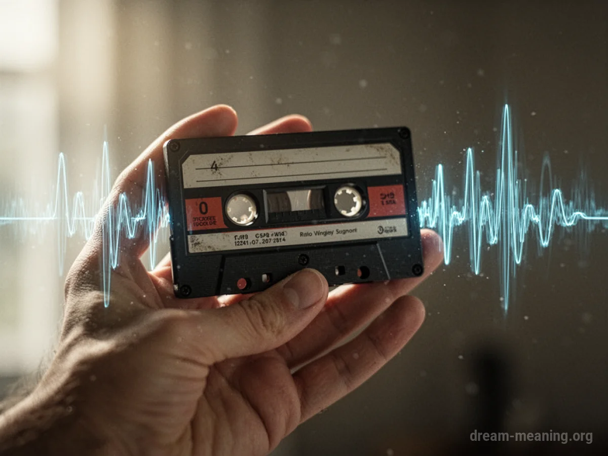 A vintage audio cassette tape with abstract sound waves.
