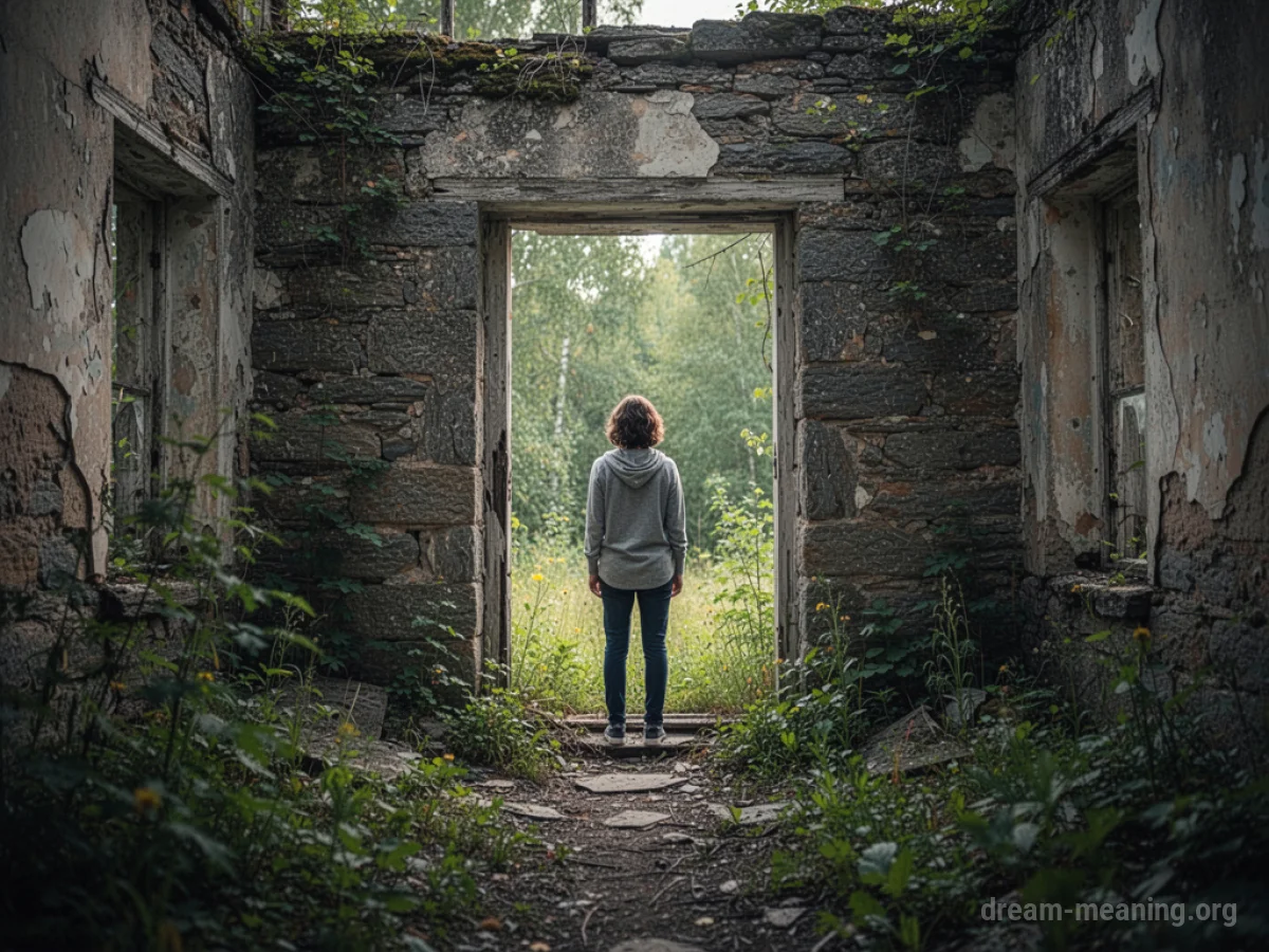 A person stands in the doorway of a crumbling stone building overgrown with vines.