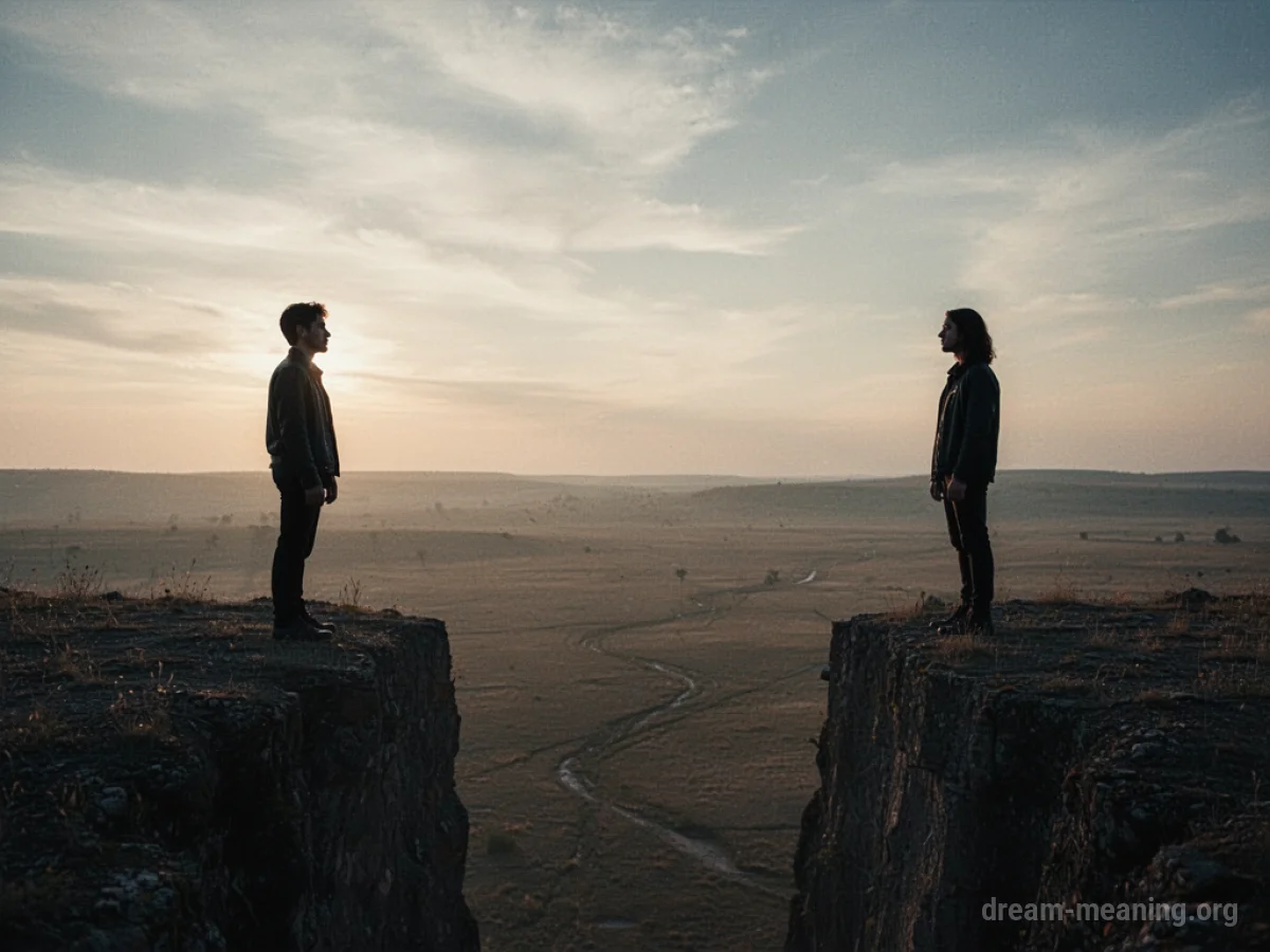 Two distant silhouettes facing each other across a wide, empty plain.