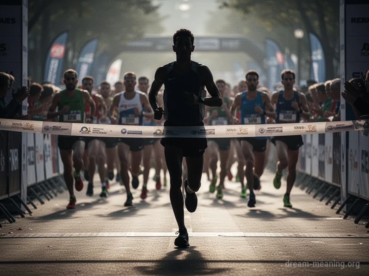 Silhouette of a runner far behind others at a finish line.