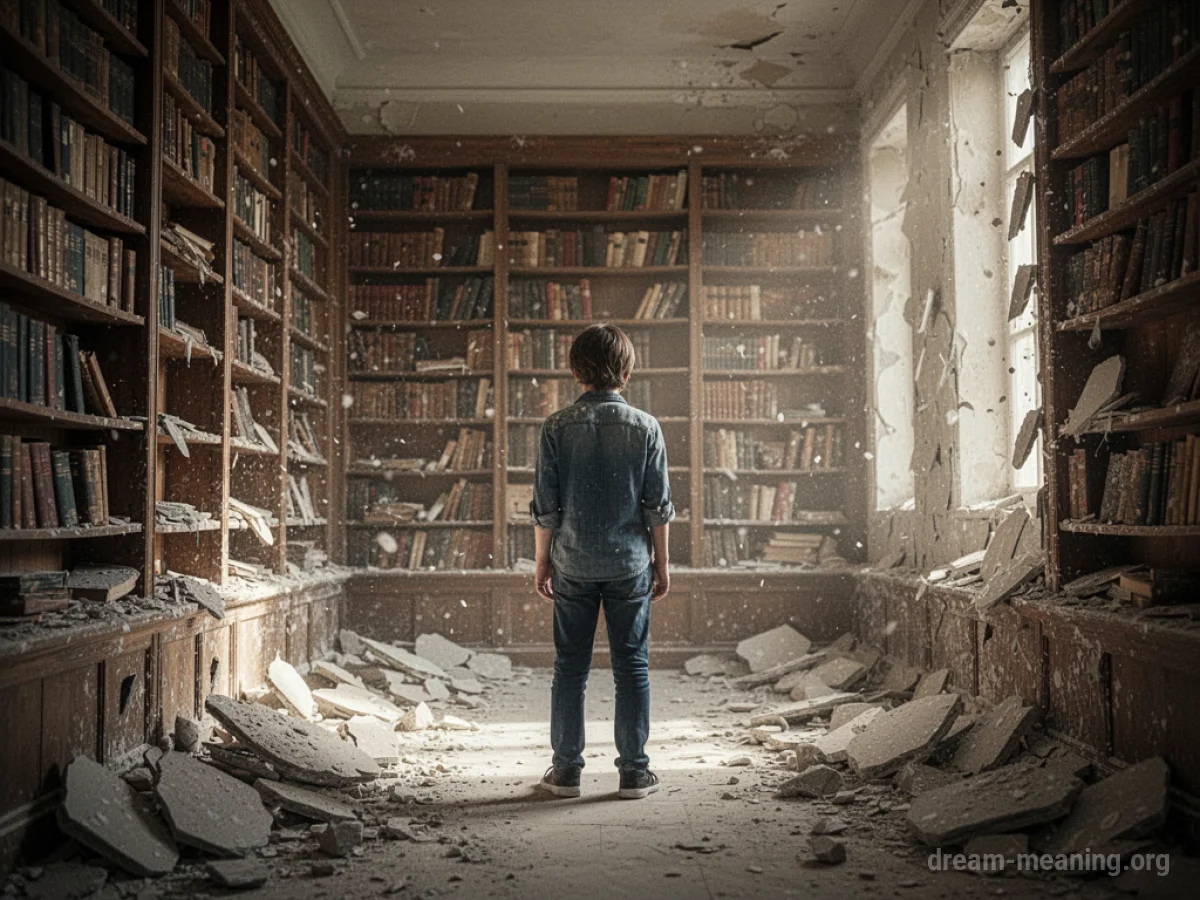 A person stands before a library where books are turning to dust.