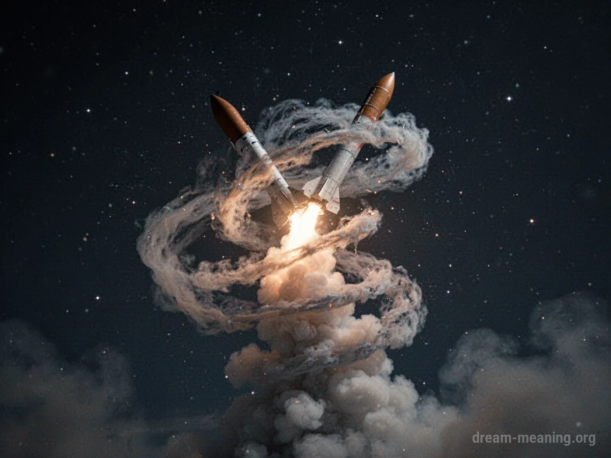 A rocket veering off course in space.
