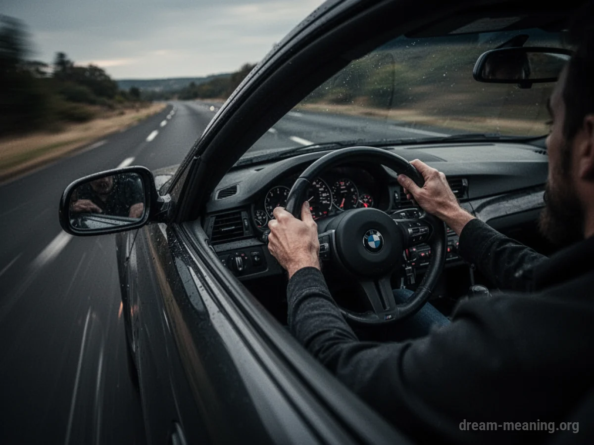 Hands gripping a steering wheel tightly as a car swerves on a dark road.