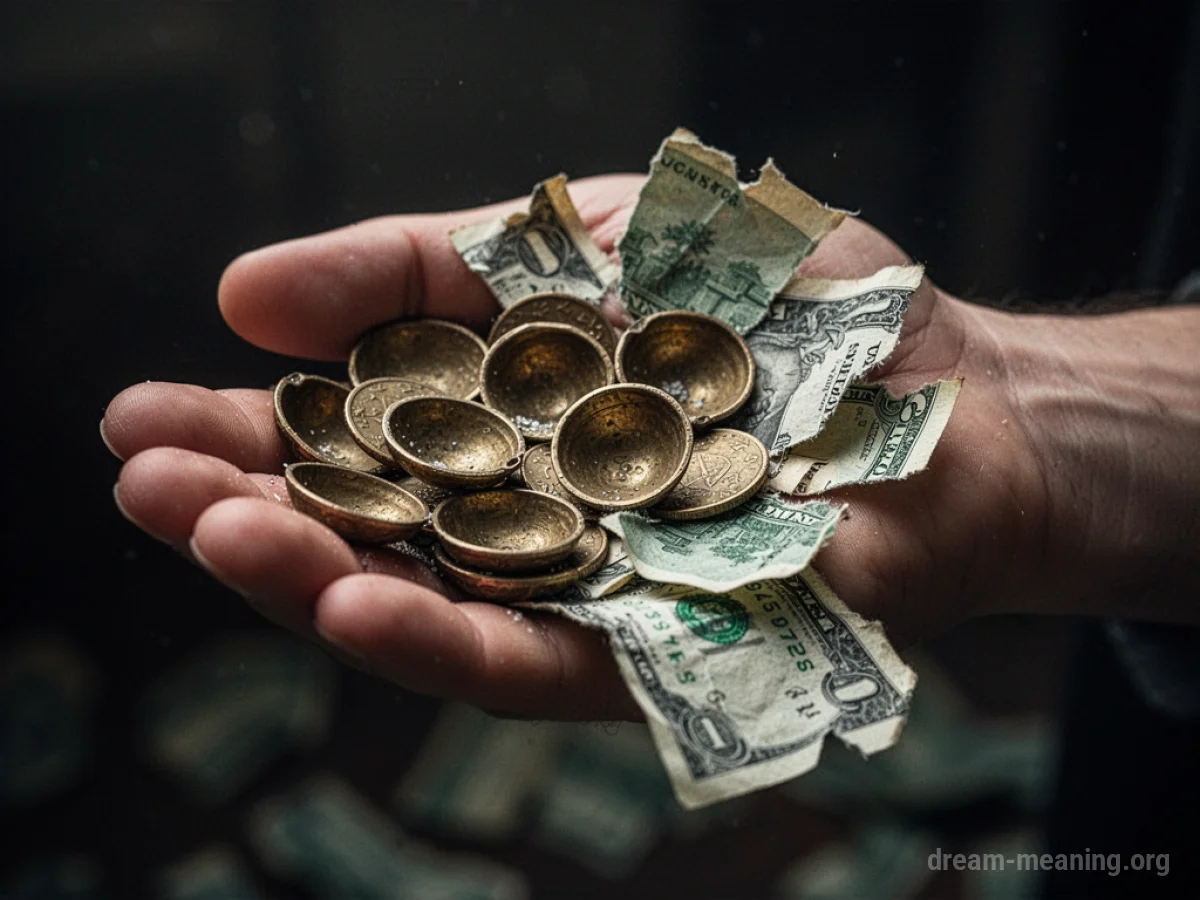 A hand dropping empty coin shells and torn paper currency.