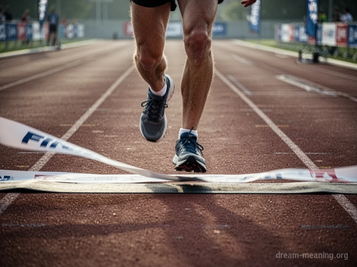 A runner's feet crossing a finish line on a race track.