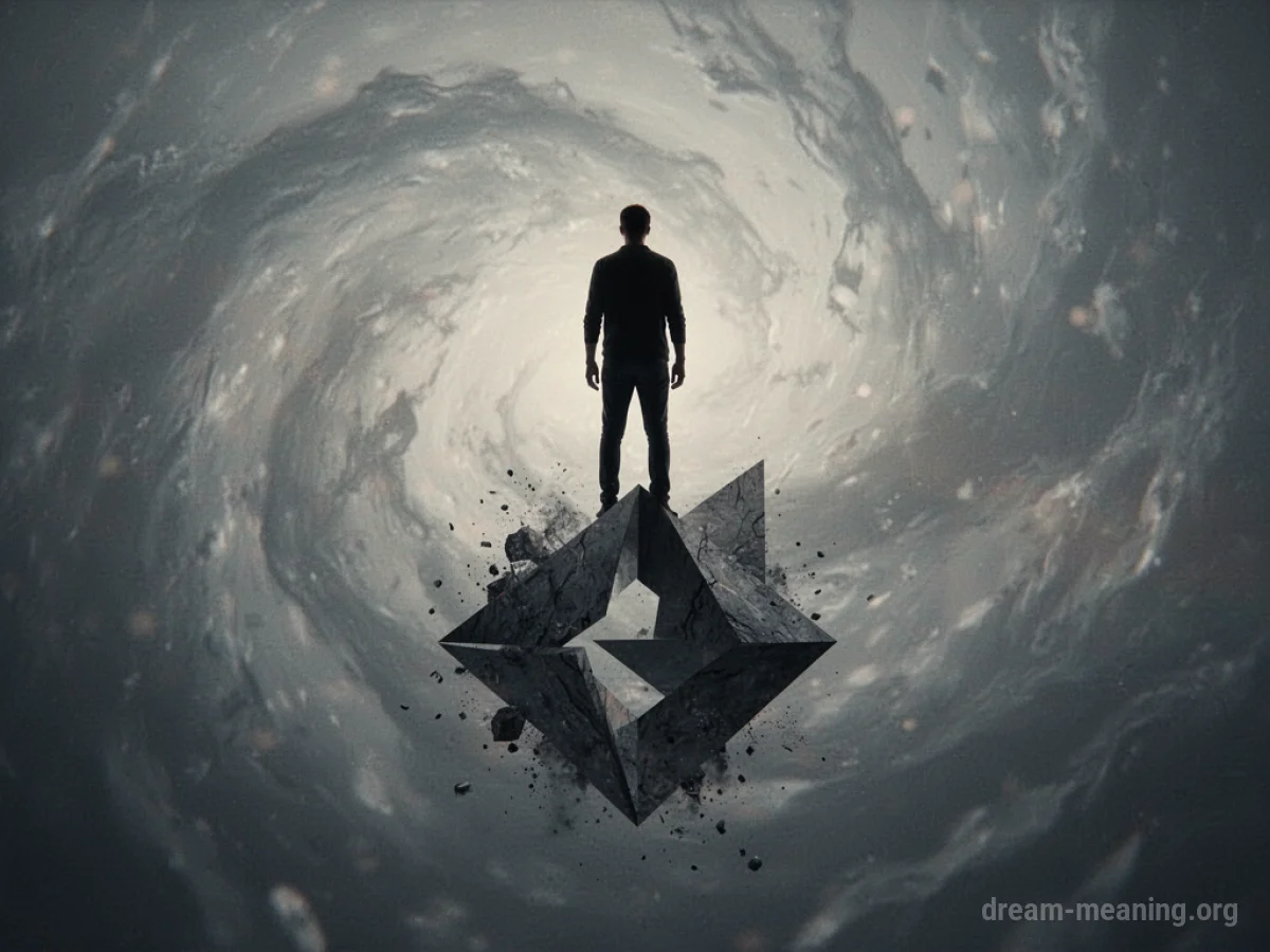 Silhouette of a person on a dissolving geometric shape.
