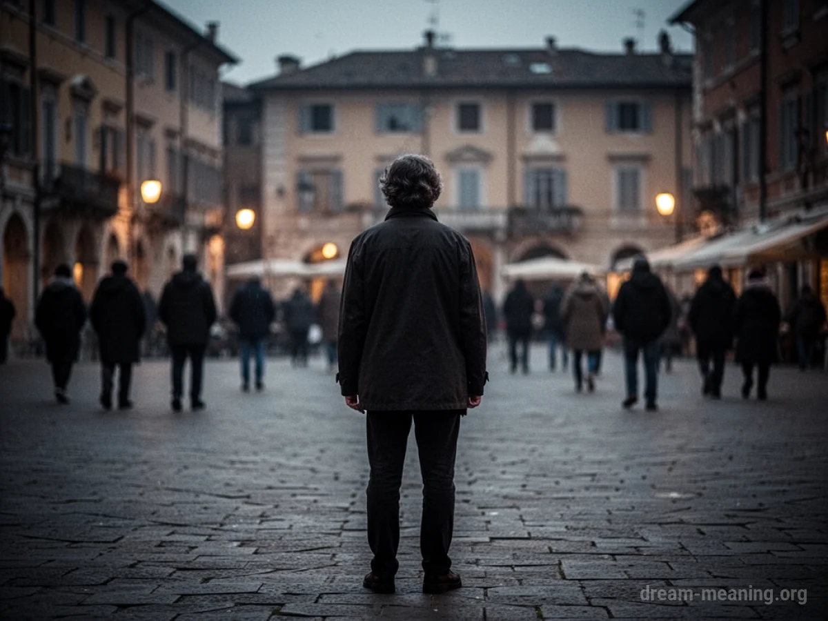 A lone figure in a shadowy square, surrounded by indistinct shapes of other people.