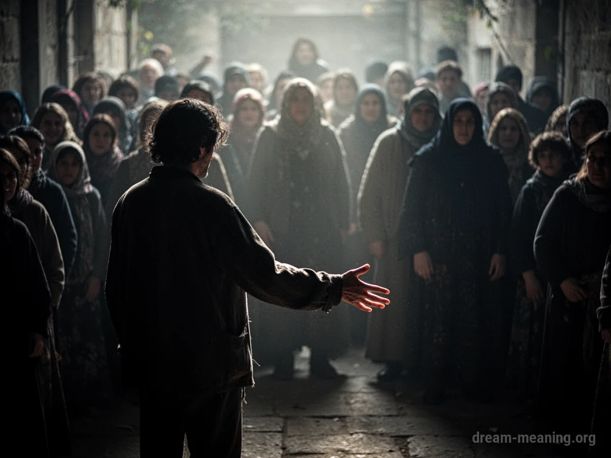 A person standing alone in shadow before a blurred group.