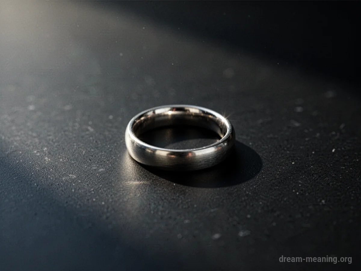 A wedding ring lies alone on a dark, flat surface.
