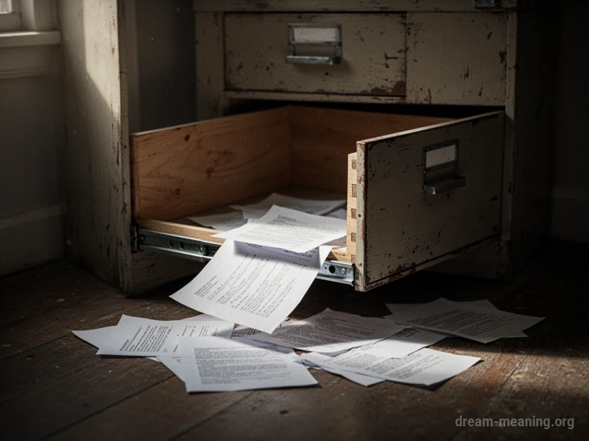 An empty file cabinet drawer with papers falling out.
