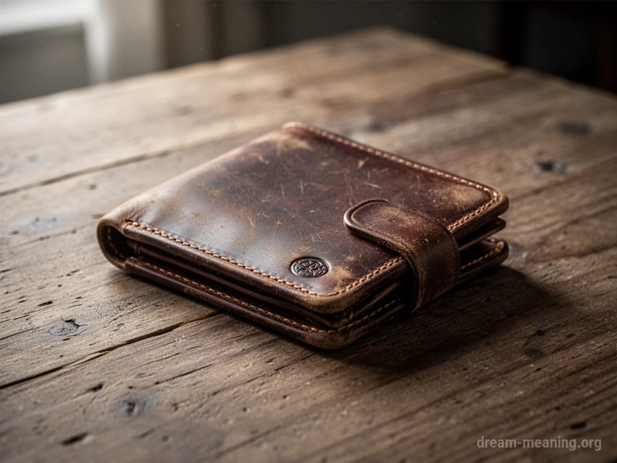 A wallet lies on a wooden table.