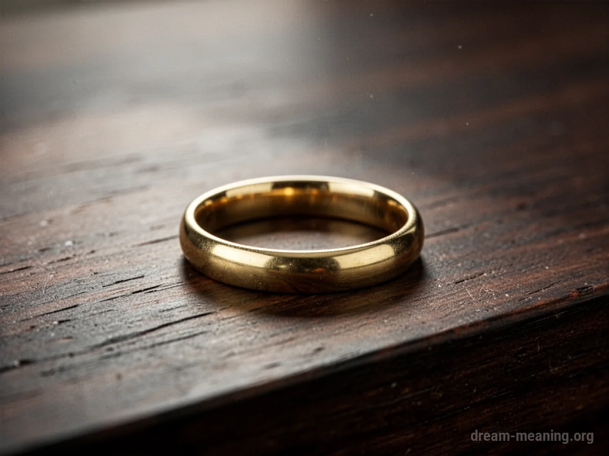 A gold ring lying on a wooden surface.