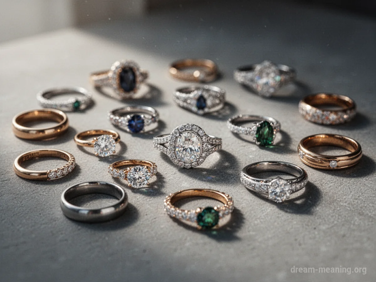 A scattering of numerous rings of different sizes and styles.