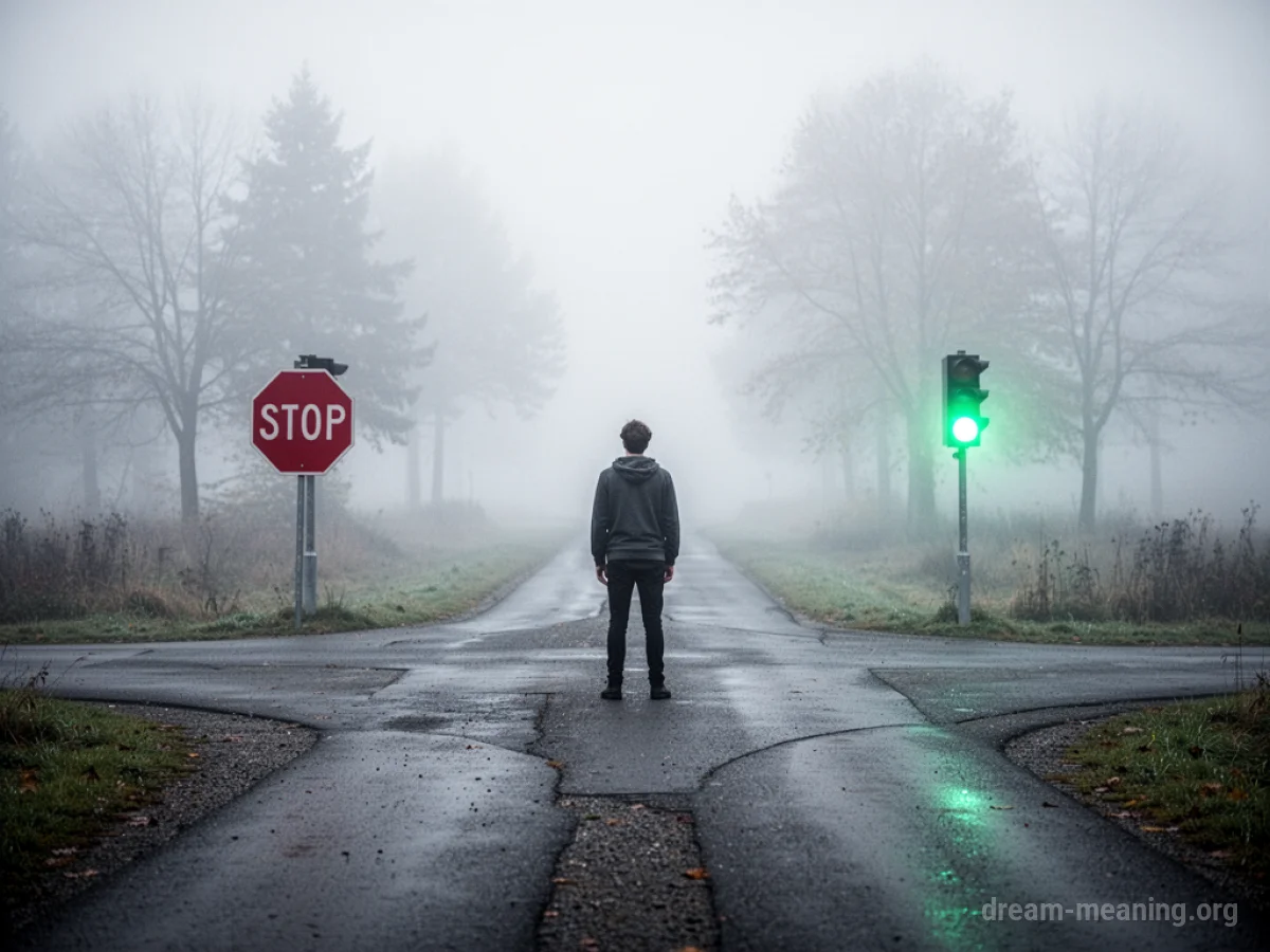 A person at a fork in the road with different path indicators.