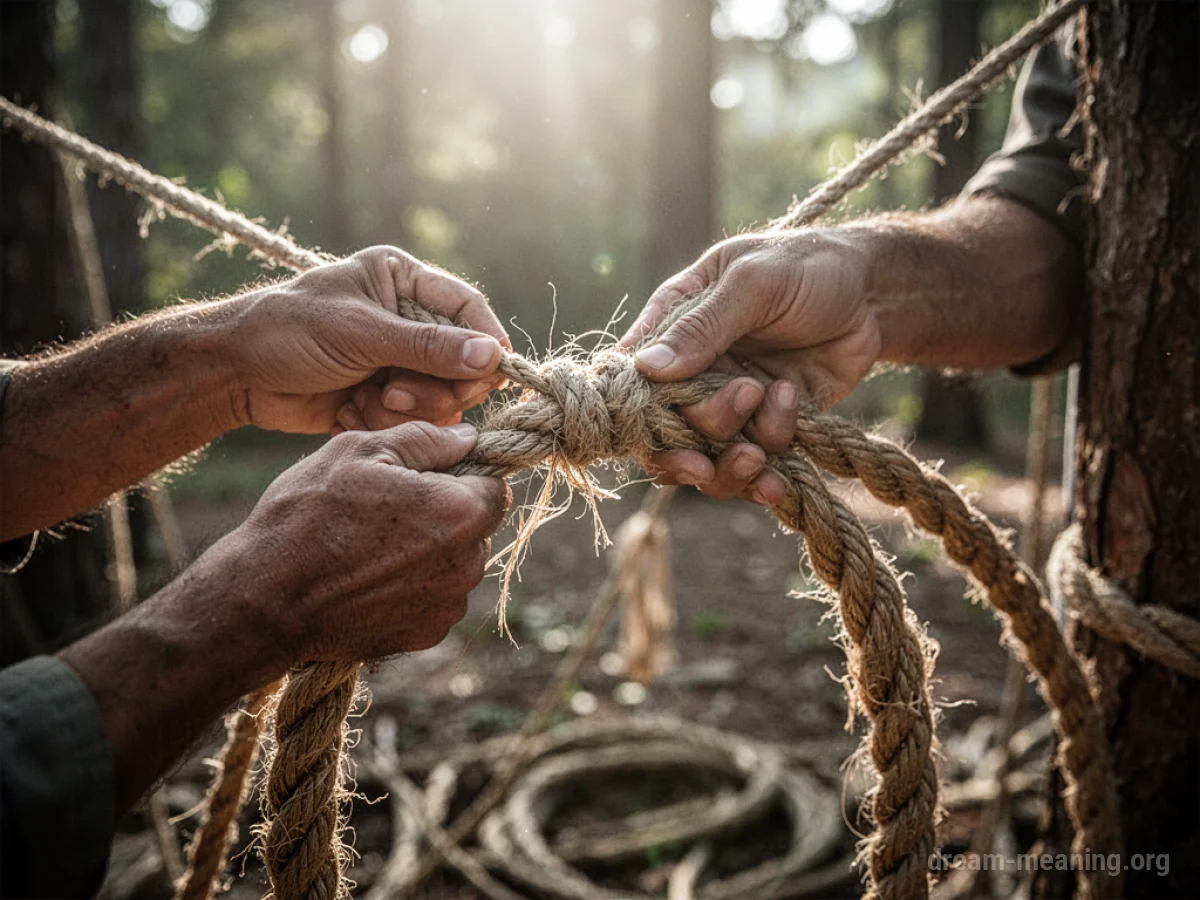 Hands weaving fibers into a rope.