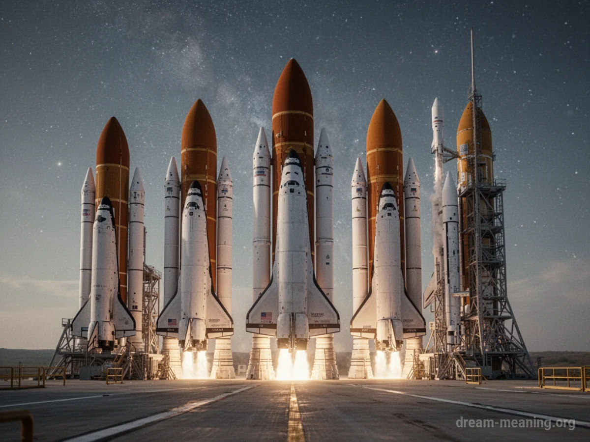 Several rockets standing upright on a launchpad.