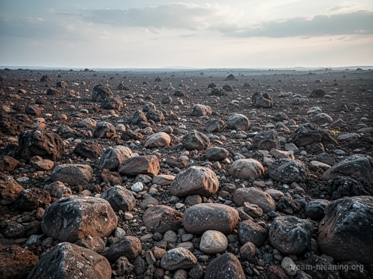 A wide, barren plain completely covered in numerous rocks of different shapes and sizes.