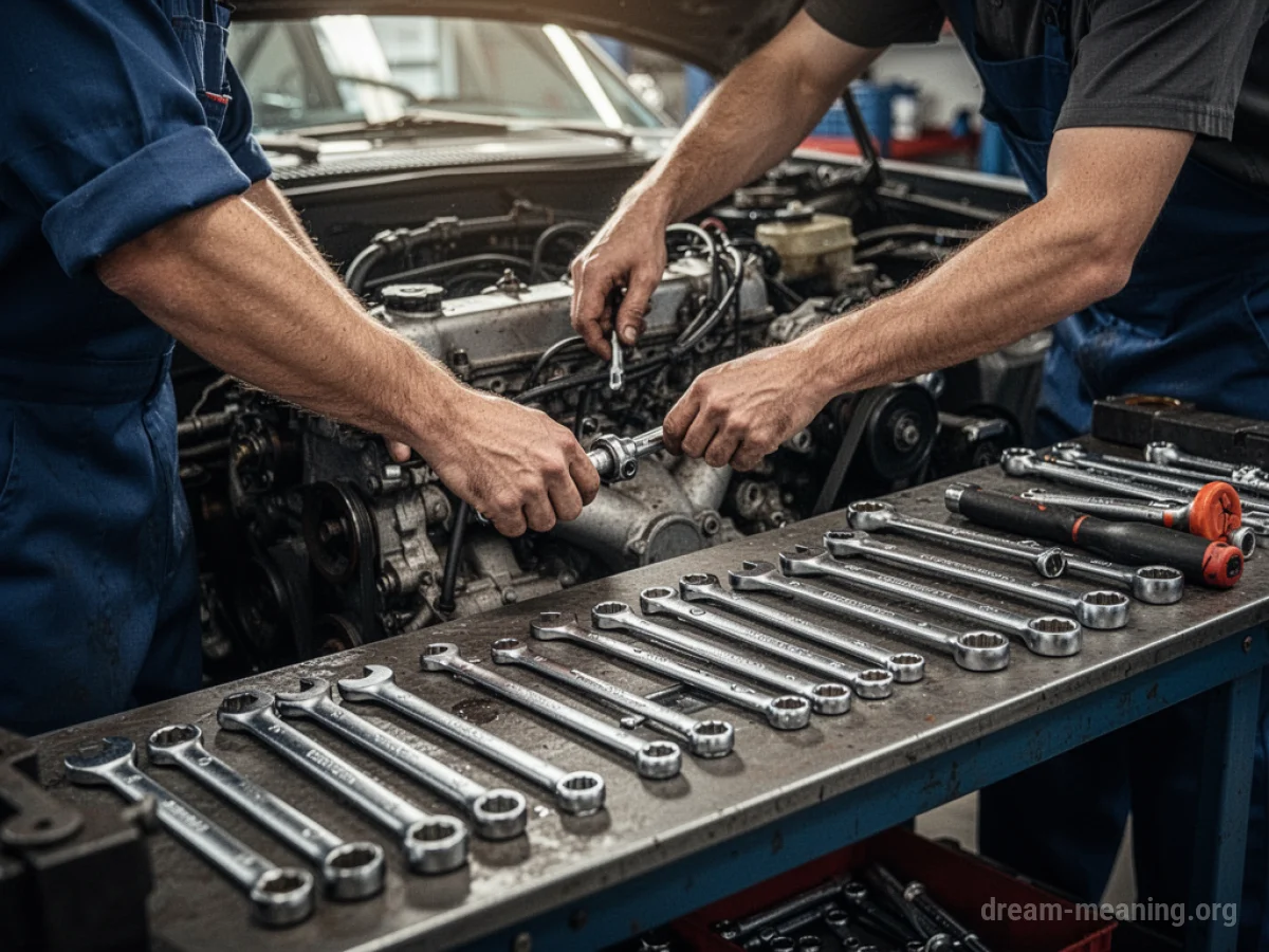 Close-up of a mechanic's hands using a wrench on a car engine.