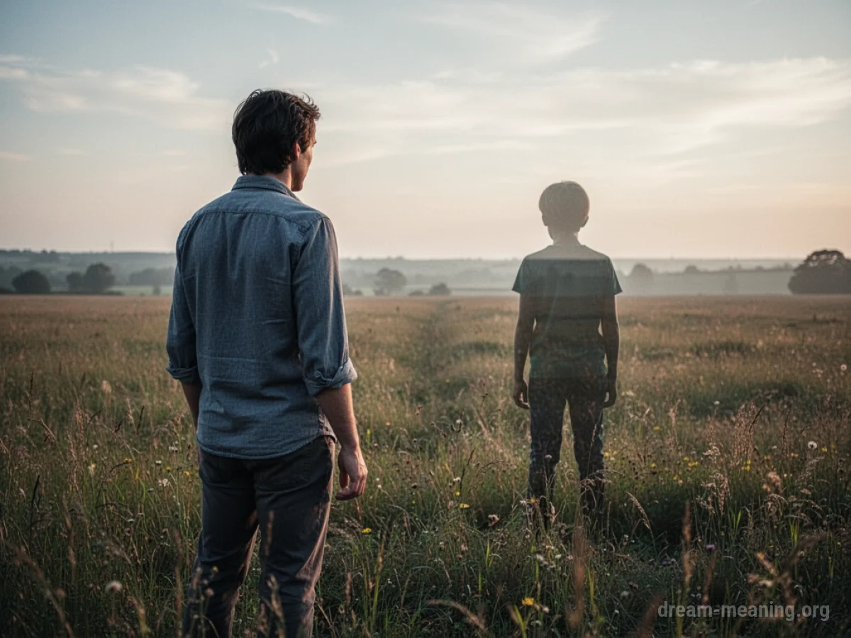 A person looks back at a younger silhouette in a field.