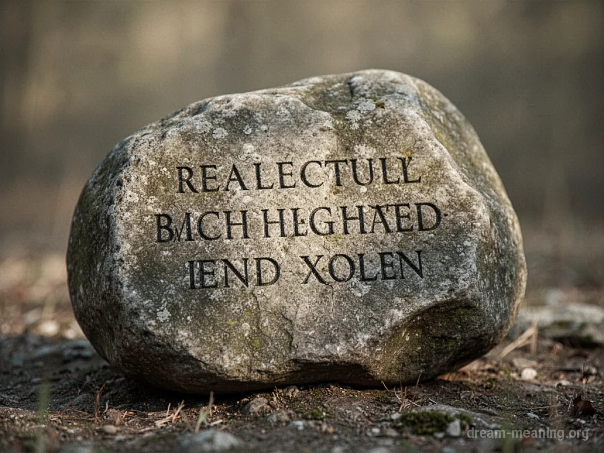 A stone rock with writing etched onto its surface.