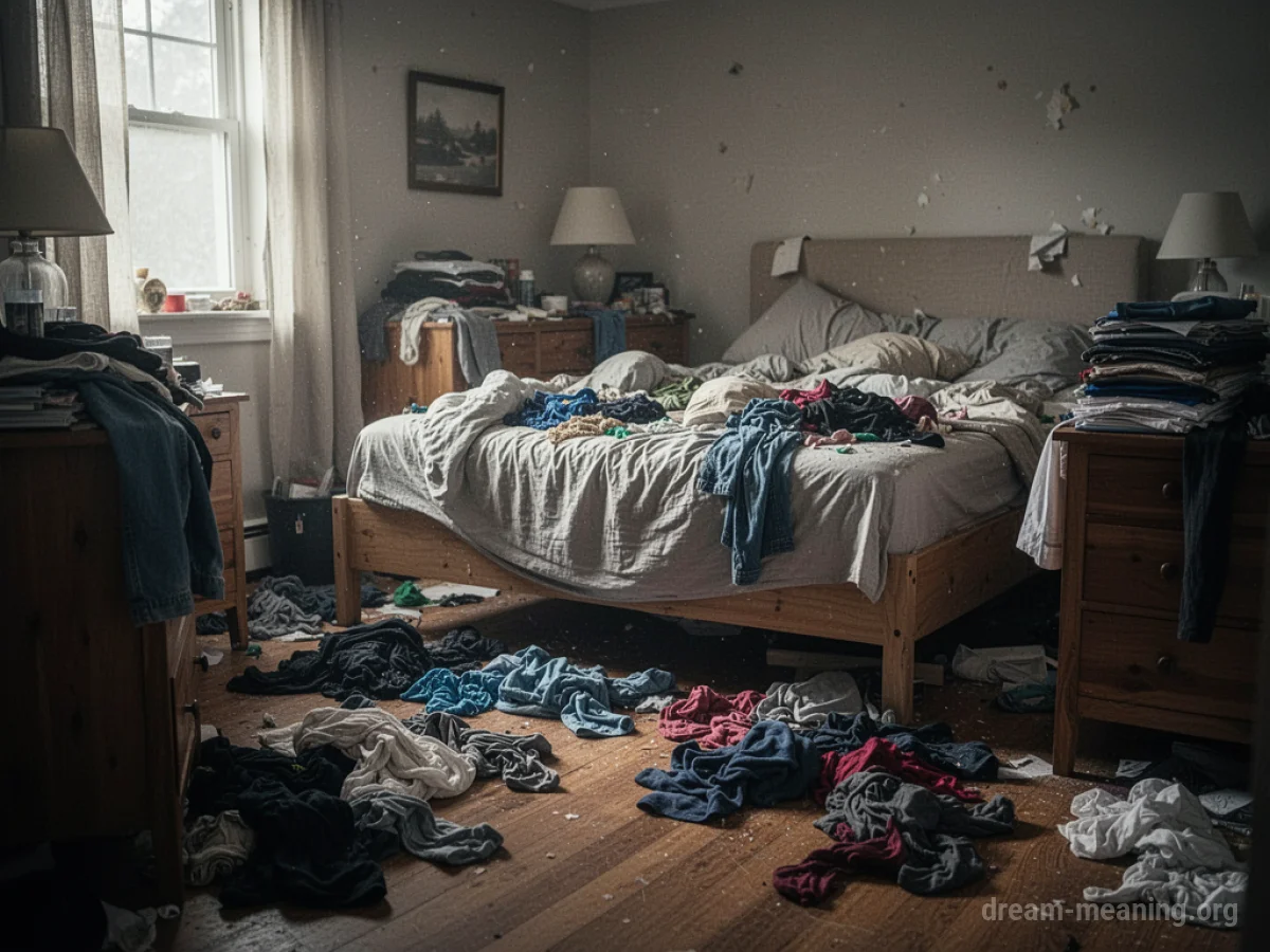 A bedroom filled with scattered clothing, books, and general disarray.
