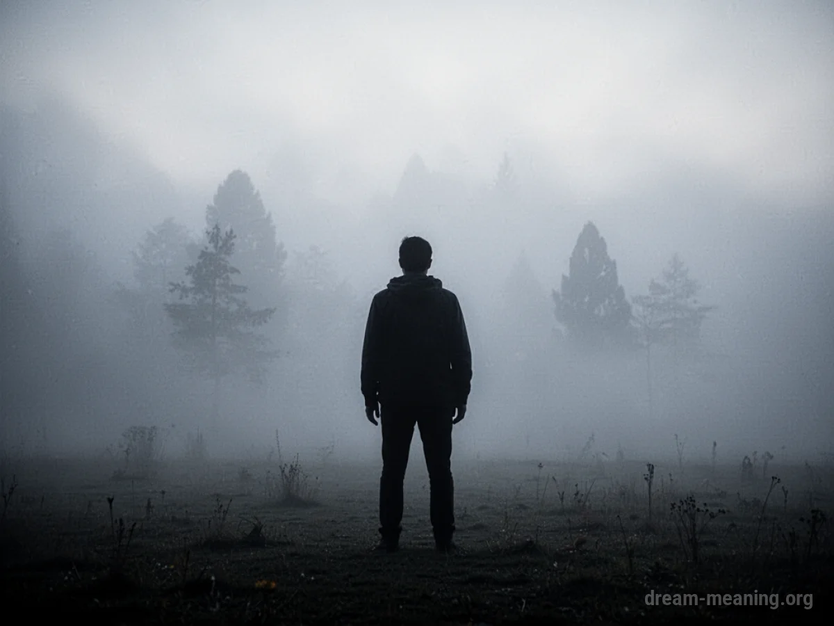 Silhouette of a person in thick fog.
