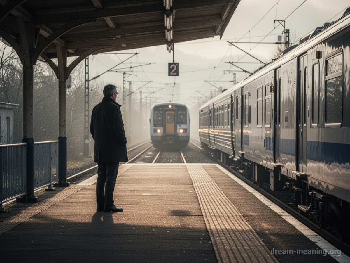 A silhouette of a person standing on a train platform watching a departing train.