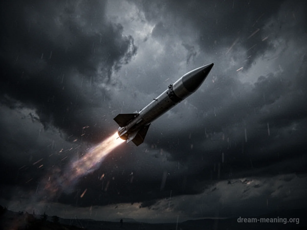 A missile rocket silhouetted against a dark, stormy sky.