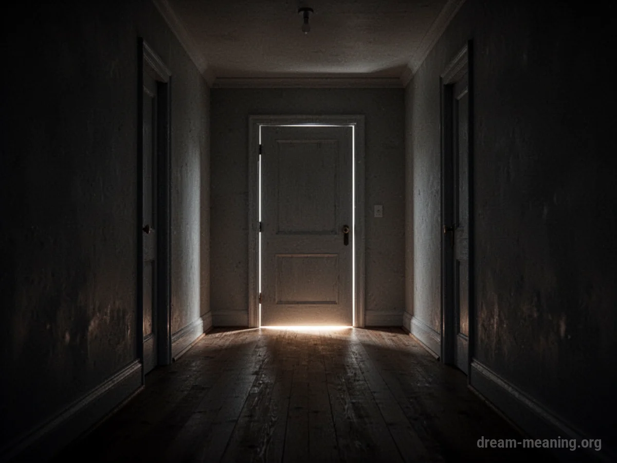 A dimly lit hallway leading to a closed door.