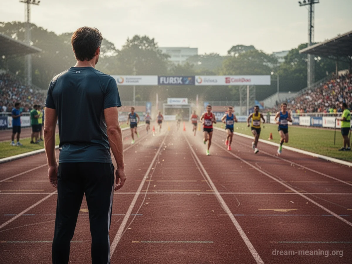 A person watches a distant race from the side of a track.