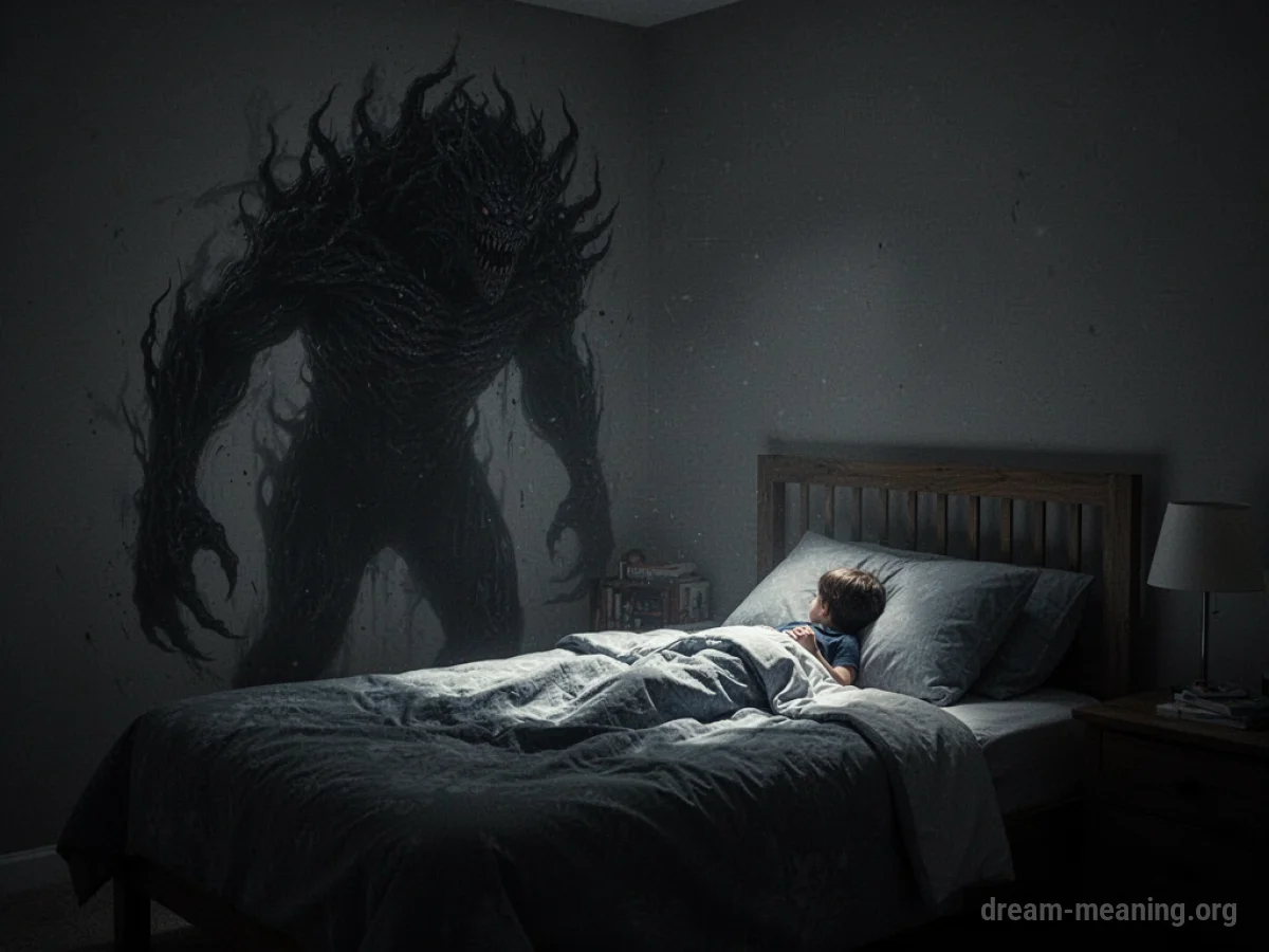 A monstrous shadow in a bedroom corner and a small figure in a bed.