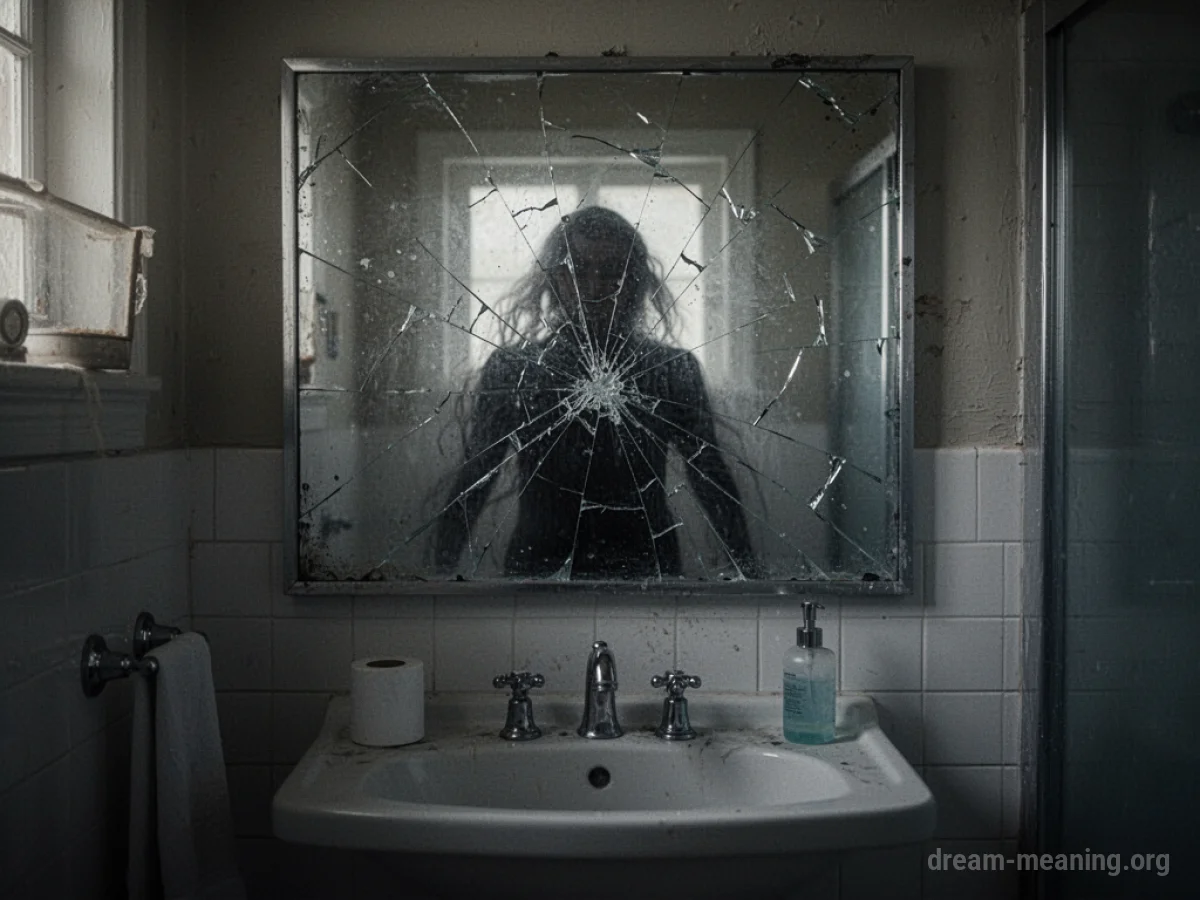 A distorted shadow in a cracked mirror reflecting a monstrous form.