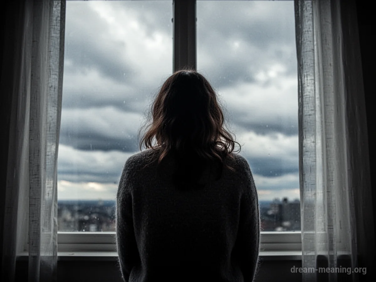 Silhouette of a woman looking out a window.