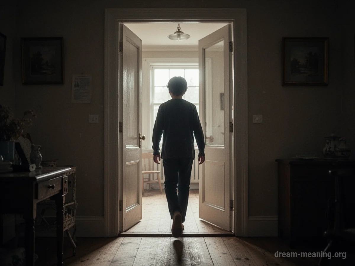 A doorway leading into a bright, empty room with a person's silhouette stepping inside.