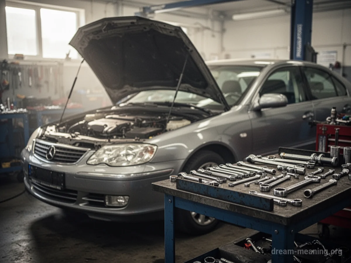 A car with its hood raised, showing internal components, with tools on a nearby surface.