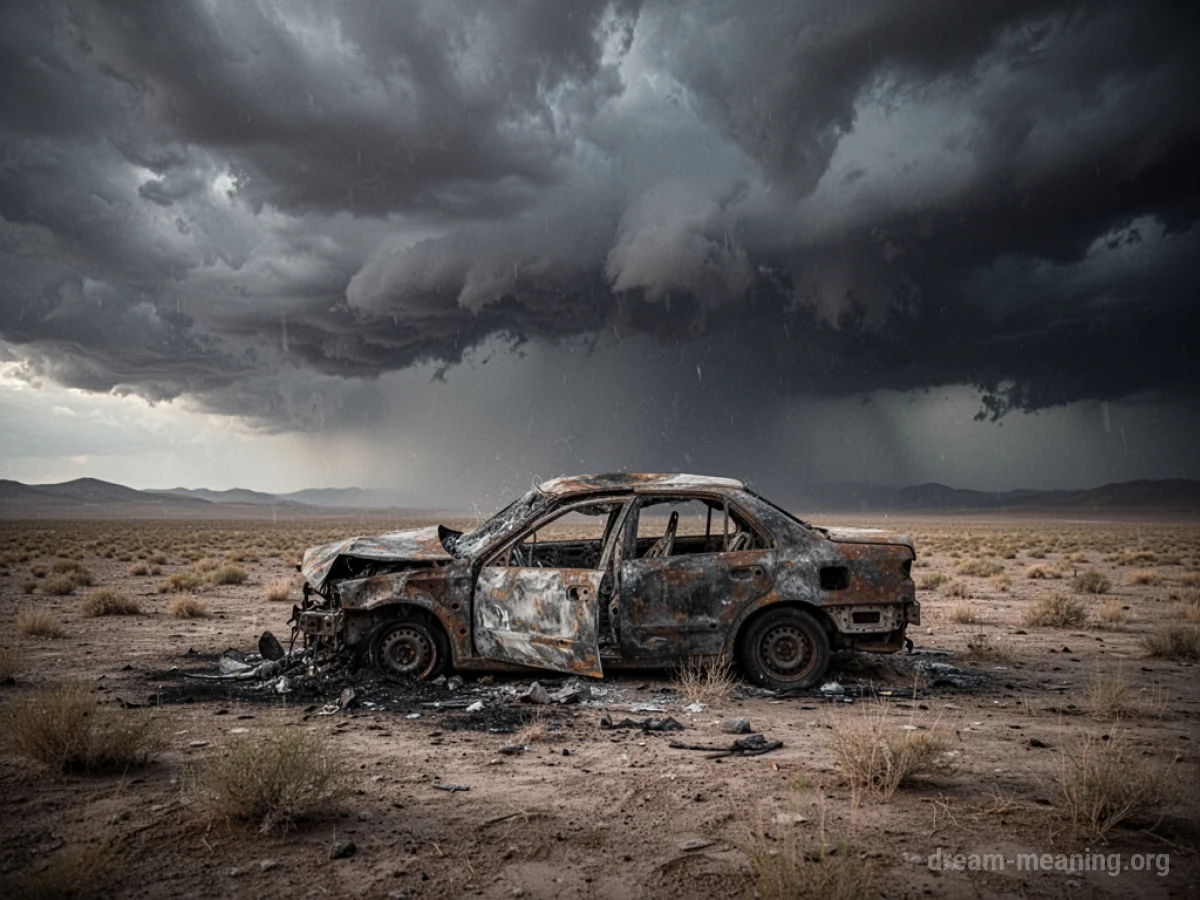 A damaged car in a desolate, overcast landscape.