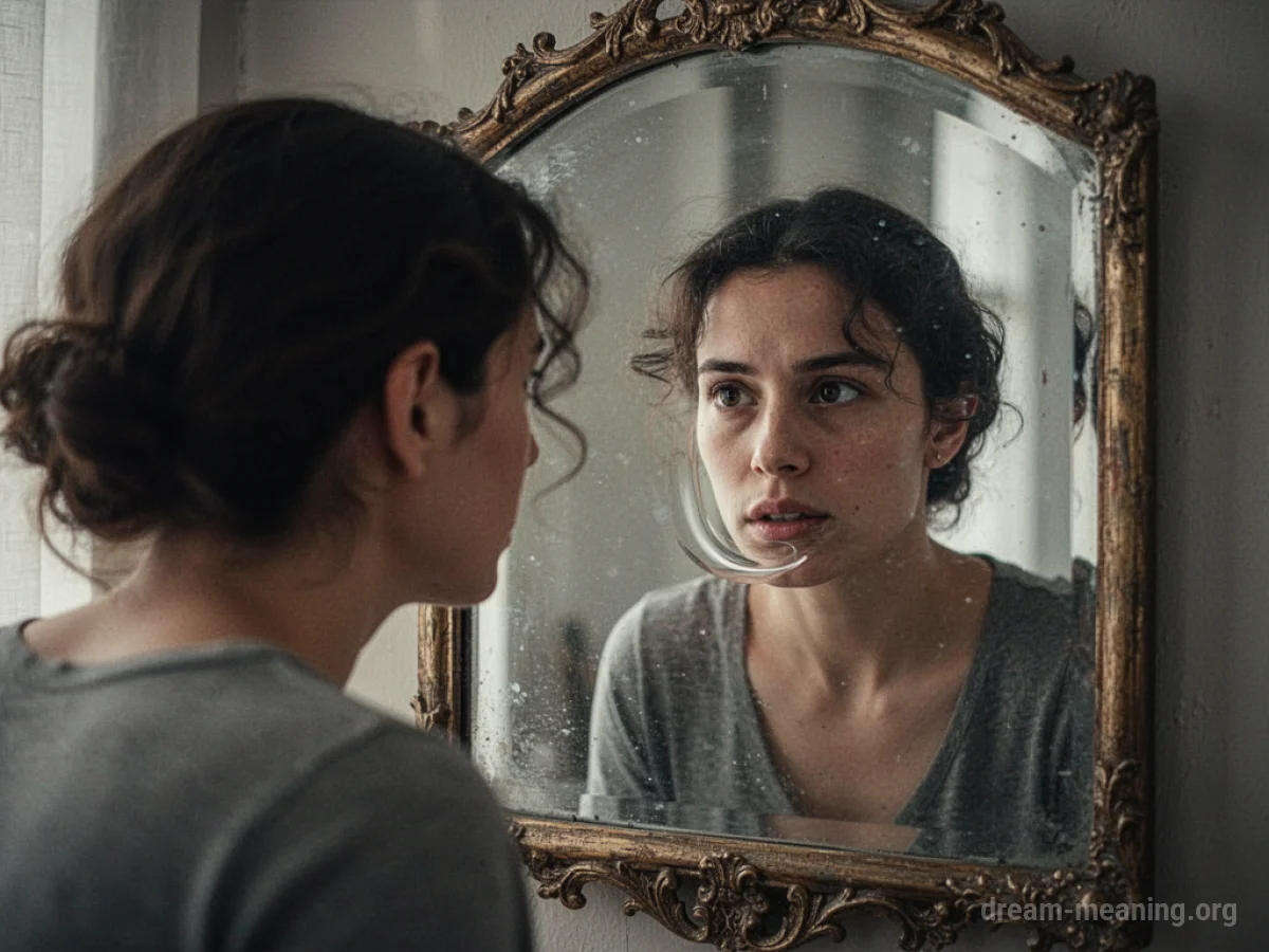 A person's reflection in a mirror that is visibly morphing.