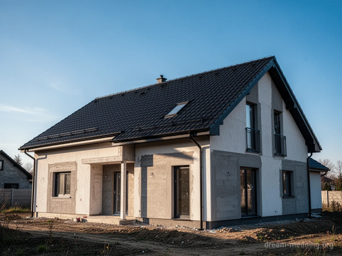 A newly built house with a dark roof under a bright sky.