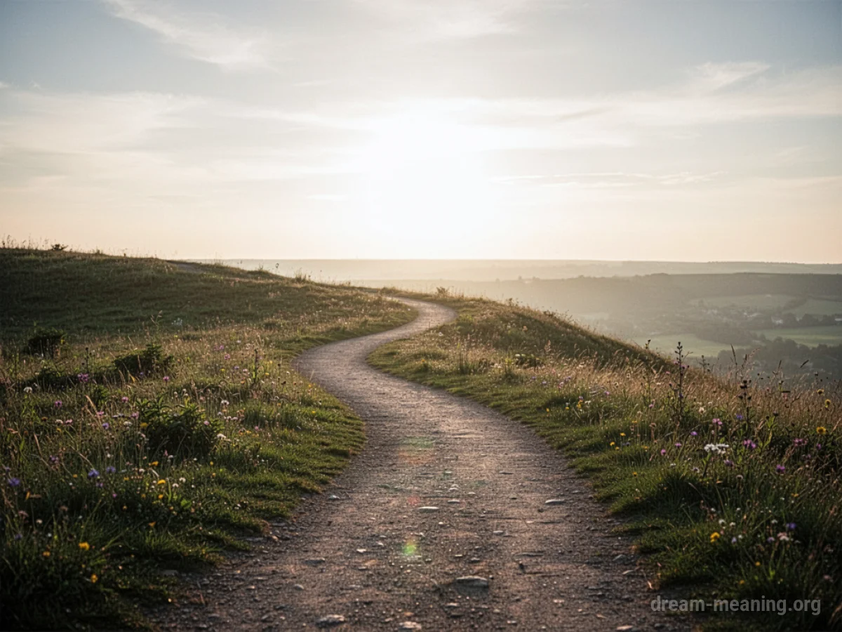 A path curves towards a bright horizon under a soft sky.