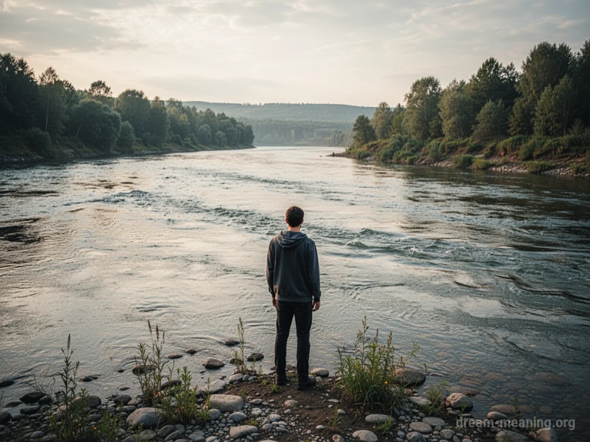 A person stands at the edge of a river with no bridge.