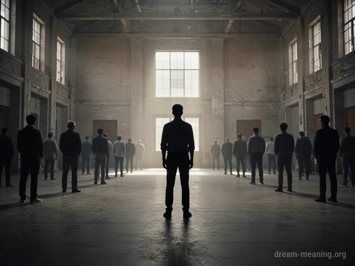 A single figure facing away from a crowd in a large hall.