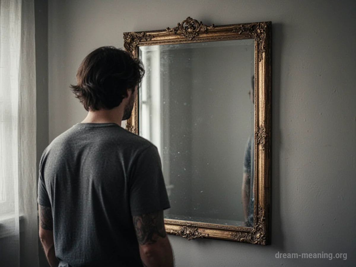 A person stands in front of a mirror with no reflection visible.