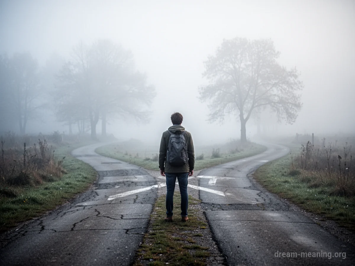 A person stands at a fork in a dimly lit path, one direction obscured by mist.