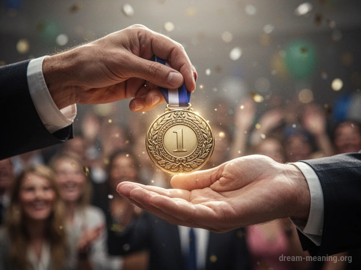 A hand offering a medal to another hand.
