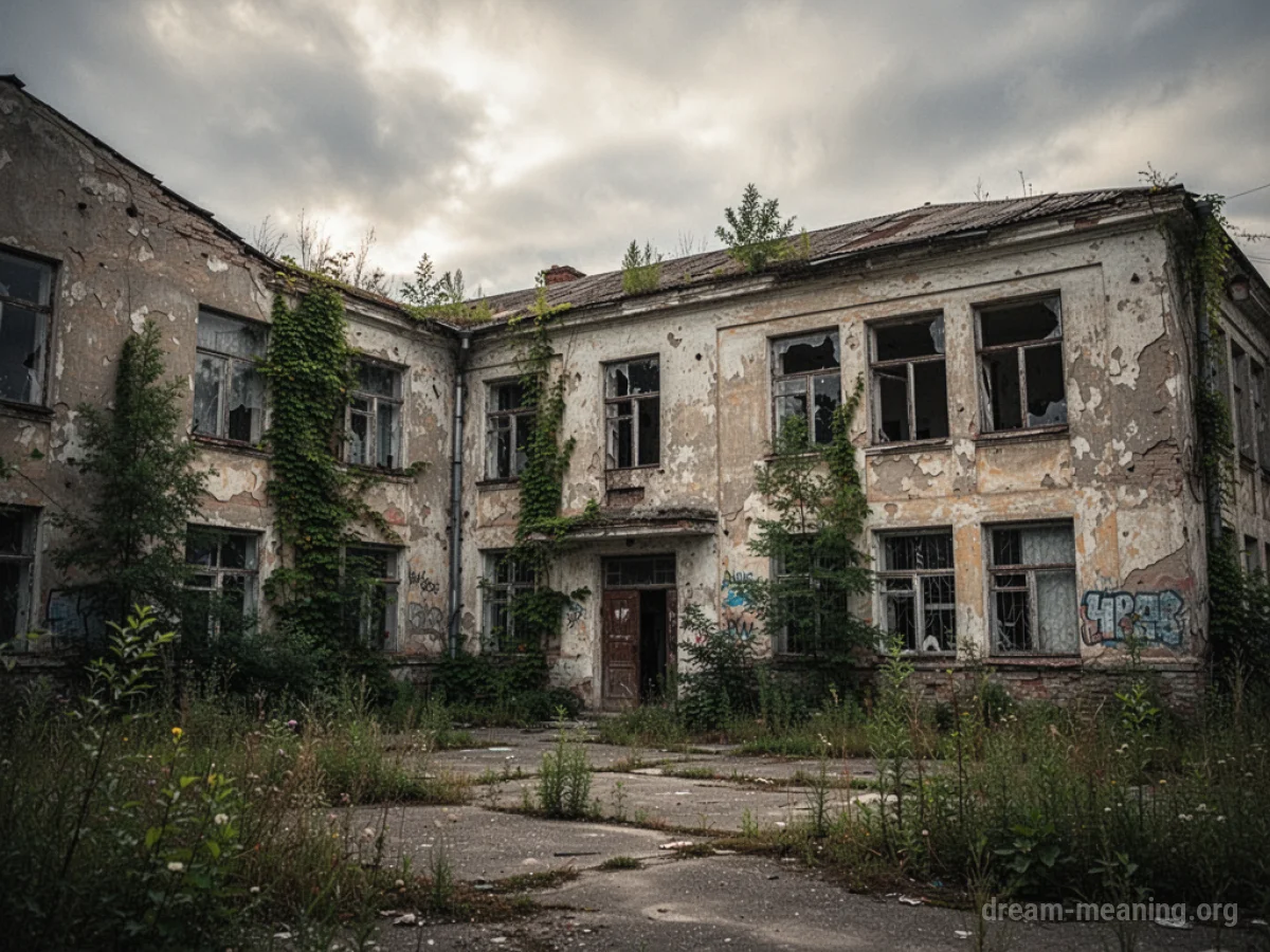 A dilapidated school building with broken windows and vines.