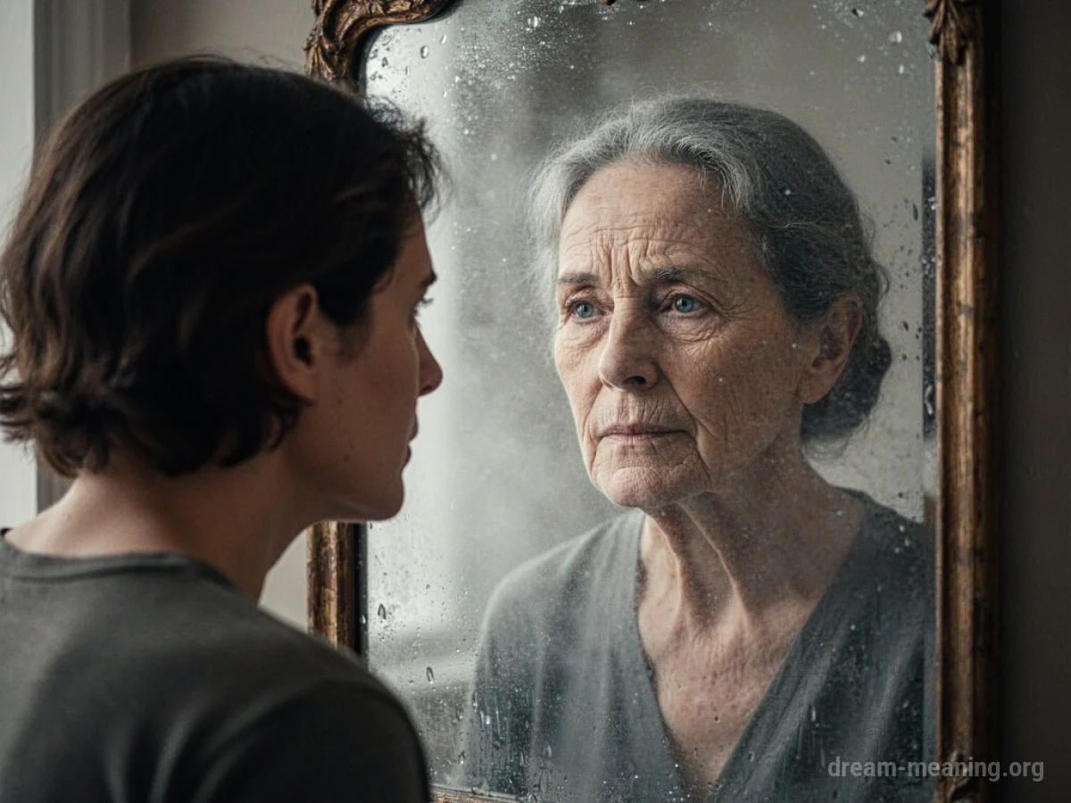 A person's face partially obscured by mist in a mirror, revealing a more aged visage.
