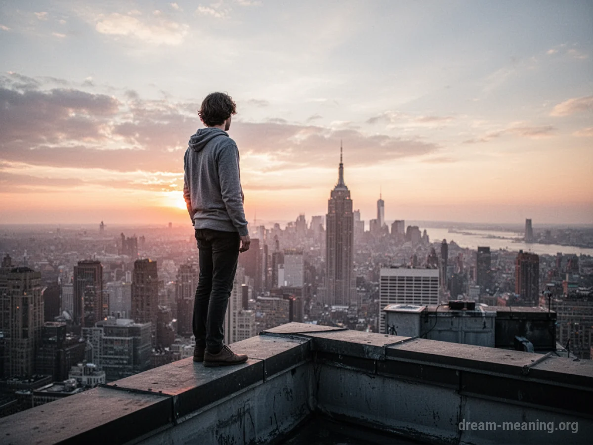 A person stands on the edge of a building's roof, overlooking a distant cityscape.